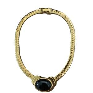 Napier Necklace Gold Herringbone Chocker with Black Oval Stone